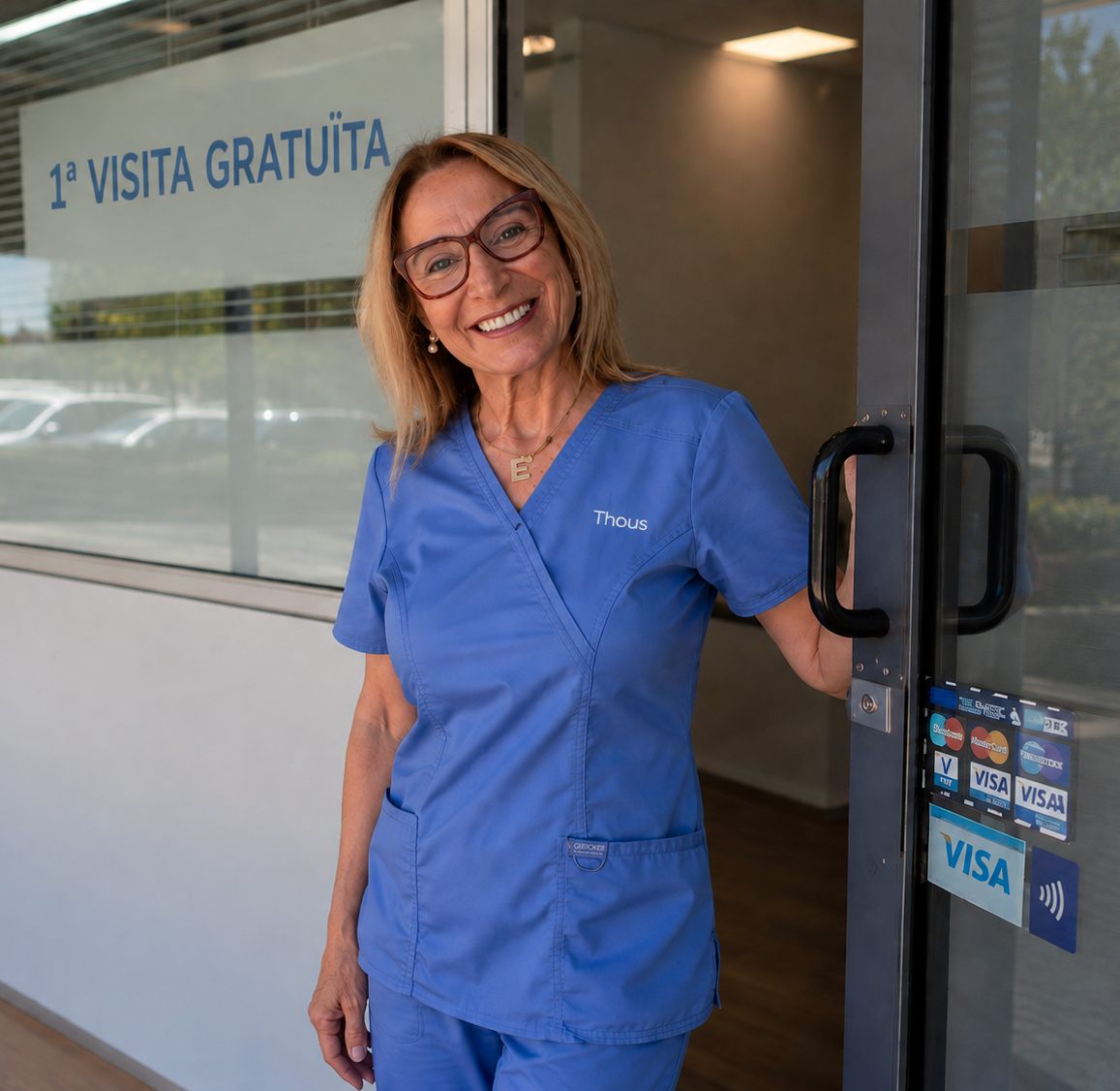 Profesional de Thous Dental en la entrada de la clínica dental en Barcelona